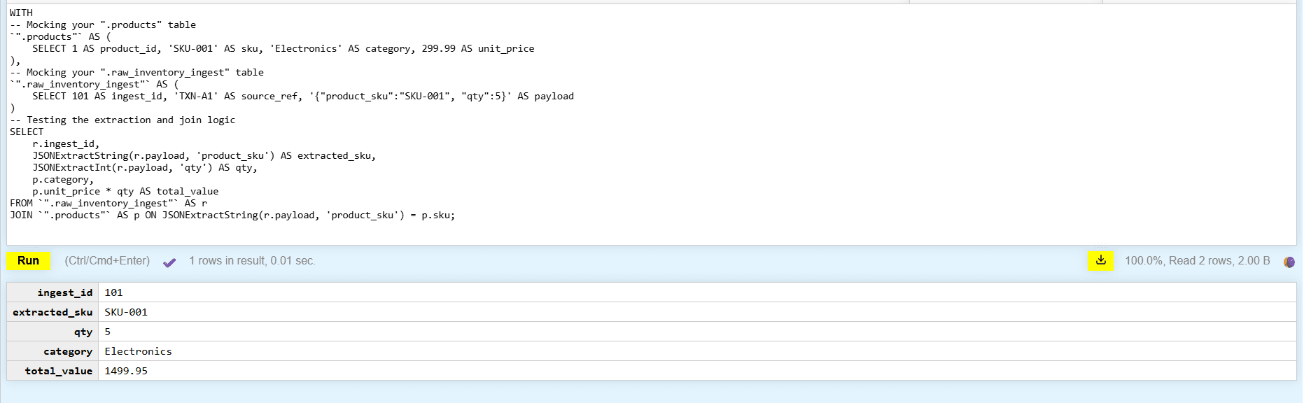execution log showing success