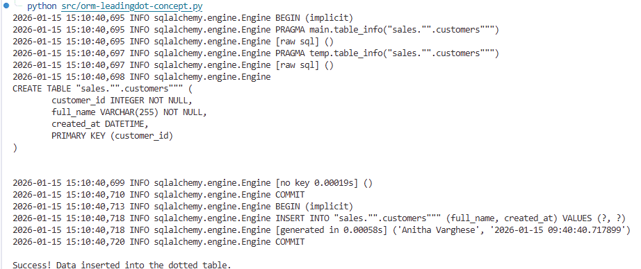 Terminal execution log showing successful table creation